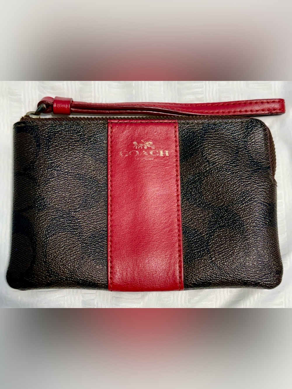 Coach Black Signature Canvas Wristlet with Red Leather Stripe